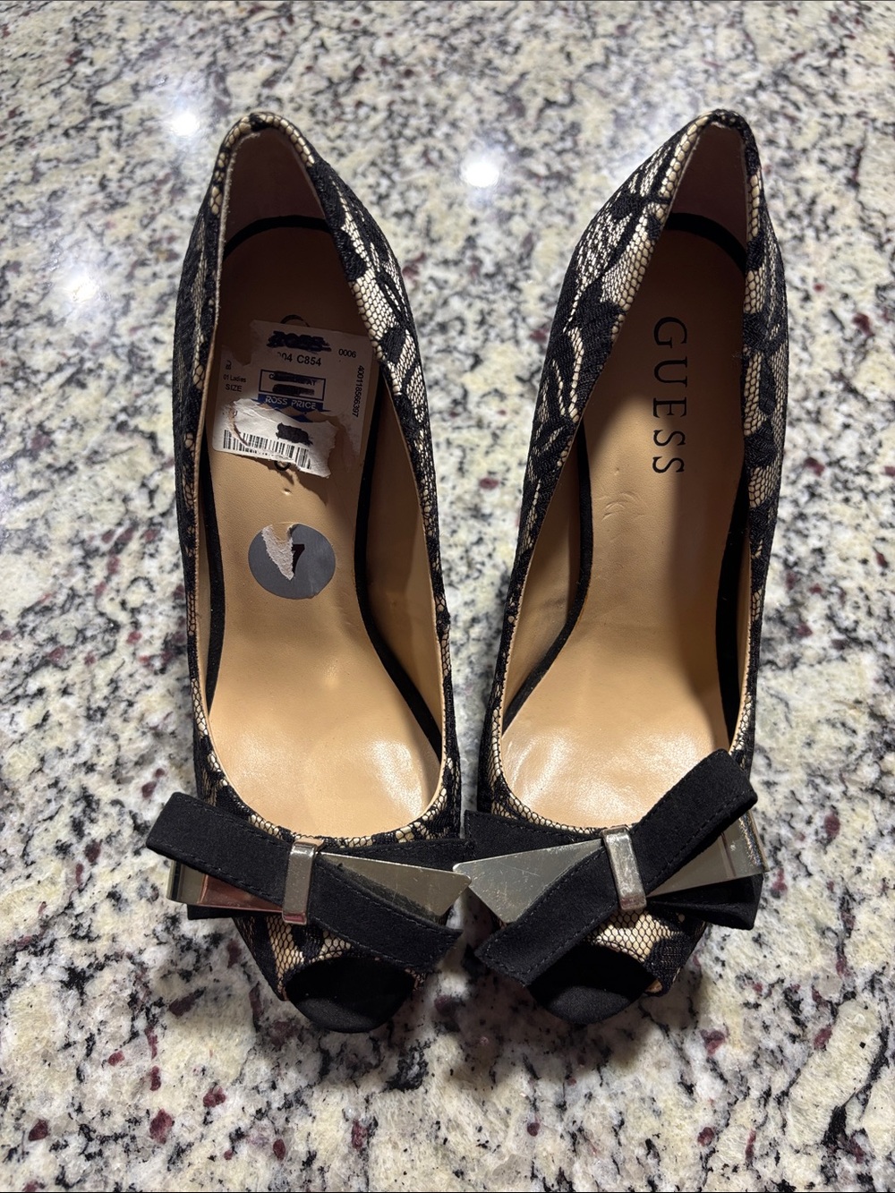 GUESS Black Lace Peep-Toe Heels with Bow and Silver Accent